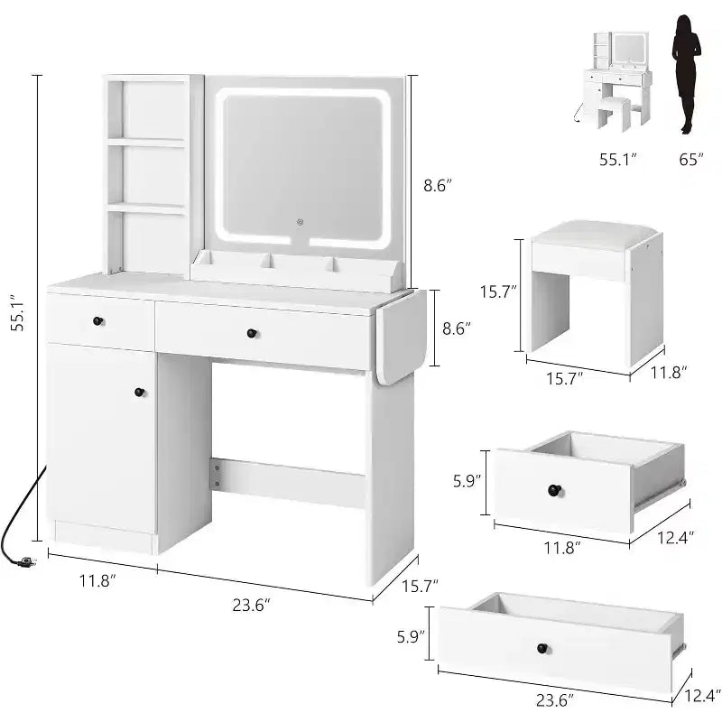 Coiffeuse de Maquillage avec Miroir et Lumières, Ensemble Coiffeuse avec Tiroir et Prise Électrique, Chaise et 3 Étagères, Chambre