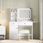 Coiffeuse de Maquillage avec Miroir et Lumières, Ensemble Coiffeuse avec Tiroir et Prise Électrique, Chaise et 3 Étagères, Chambre