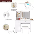 Coiffeuse de Maquillage avec Miroir et Lumières, Ensemble Coiffeuse avec Tiroir et Prise Électrique, Chaise et 3 Étagères, Chambre