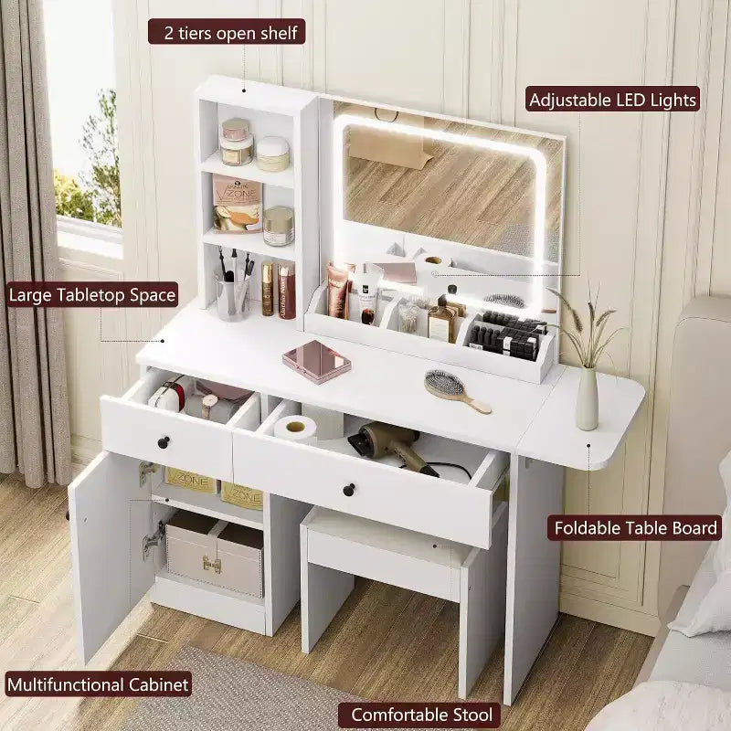 Coiffeuse de Maquillage avec Miroir et Lumières, Ensemble Coiffeuse avec Tiroir et Prise Électrique, Chaise et 3 Étagères, Chambre