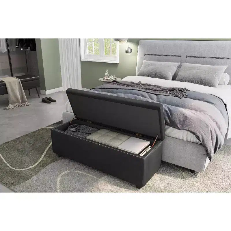 Tabouret en cuir PU avec structure en PU+bois de Yang+éponge+plastique, fonction de rangement, repose-pieds en plastique durable, confortable et élégant