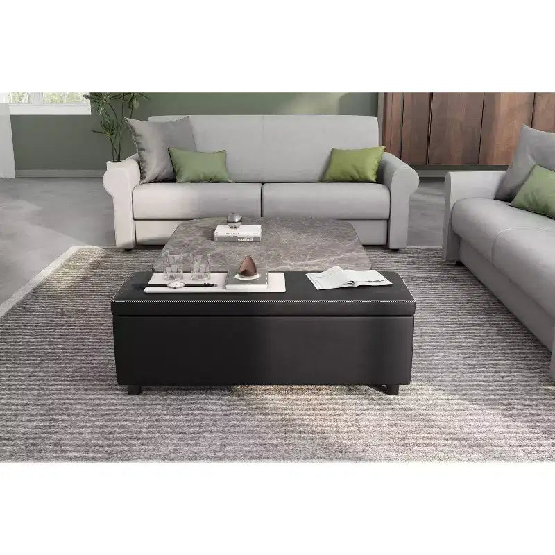 Tabouret en cuir PU avec structure en PU+bois de Yang+éponge+plastique, fonction de rangement, repose-pieds en plastique durable, confortable et élégant
