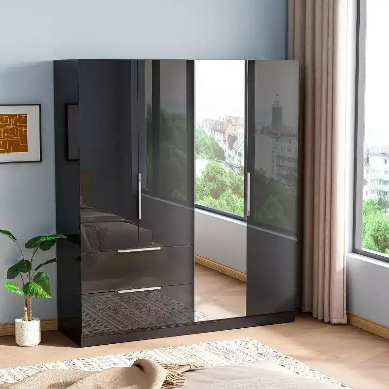 VINGLI 63 W x 73 H High Gloss Wardrobe Closet with Mirror, 4 Doors Armoire Wardrobe Closet Cabinet with Drawers and Hanging Rod, Modern Black