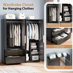VINGLI Armoire Penderie Brillante 63 L x 73 H avec Miroir, Placard Penderie 4 Portes avec Tiroirs et Barre de Penderie, Noir Moderne