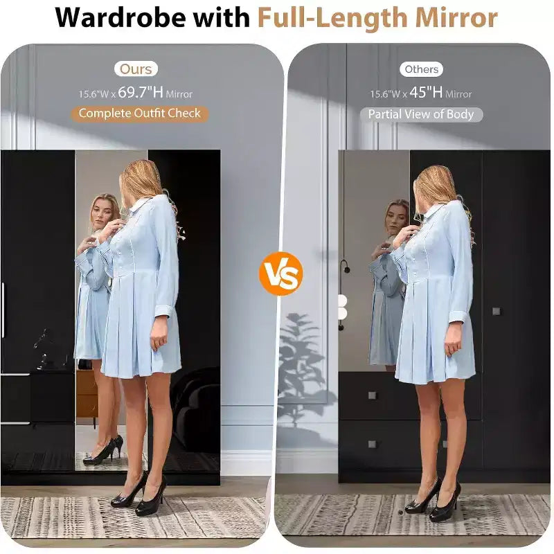 VINGLI Armoire Penderie Brillante 63 L x 73 H avec Miroir, Placard Penderie 4 Portes avec Tiroirs et Barre de Penderie, Noir Moderne