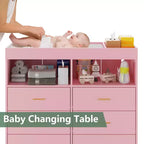 Commode à langer avec tiroirs, commode bébé avec plateau à langer, prise de courant, lumière LED et pieds métalliques, organisateur de nurserie station à langer