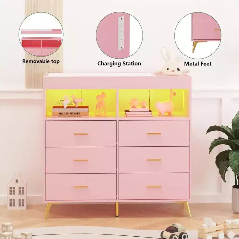 Commode à langer avec tiroirs, commode bébé avec plateau à langer, prise de courant, lumière LED et pieds métalliques, organisateur de nurserie station à langer