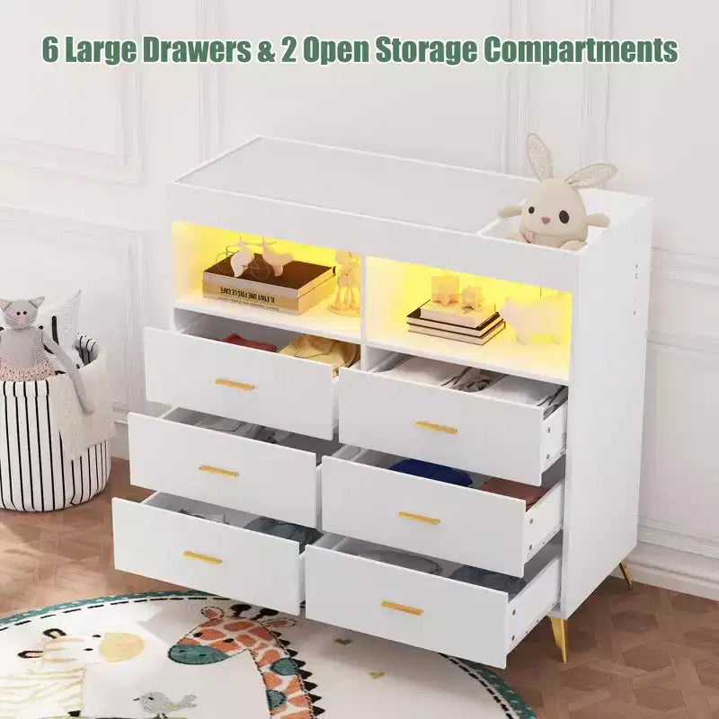 Commode à langer avec tiroirs, commode bébé avec plateau à langer, prise de courant, lumière LED et pieds métalliques, organisateur de nurserie station à langer