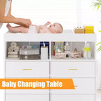 Commode à langer avec tiroirs, commode bébé avec plateau à langer, prise de courant, lumière LED et pieds métalliques, organisateur de nurserie station à langer