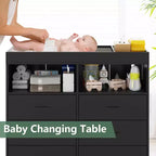 Commode à langer avec tiroirs, commode bébé avec plateau à langer, prise de courant, lumière LED et pieds métalliques, organisateur de nurserie station à langer