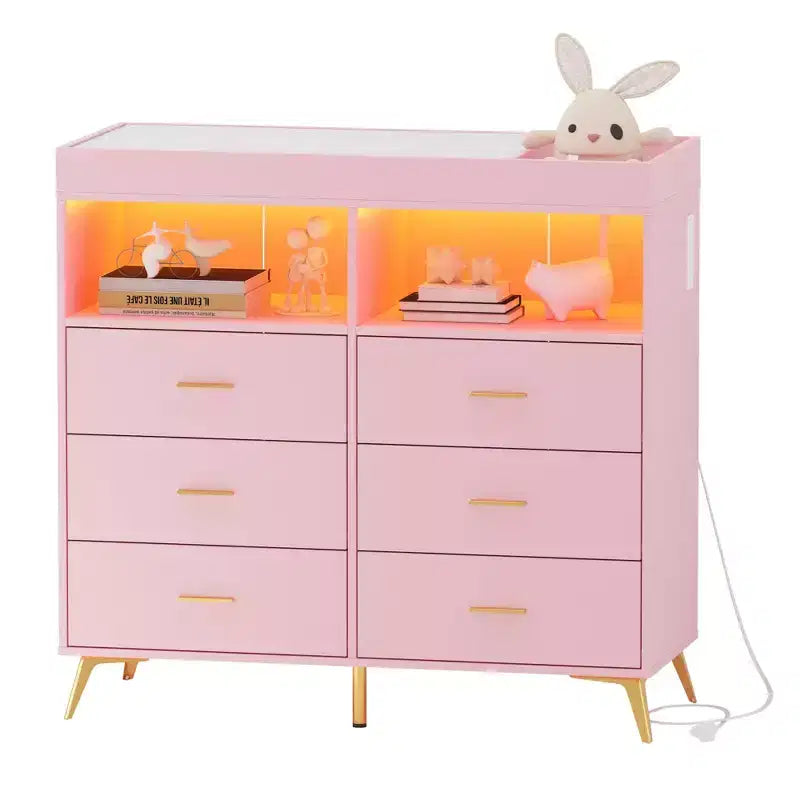 Changing Table Dresser with Drawers, Baby Dresser with Changing Table Top, Power Outlet,LED Light&betal Feet,Diaper Changing Station Nursery Organizer