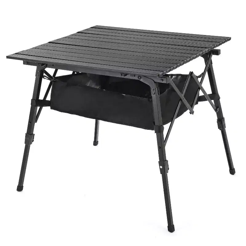 Arrowhead Outdoor Height-Adjustable Aluminum Roll-up Folding Camp Table with Under-Table Mesh Storage and Carry Bag, Black