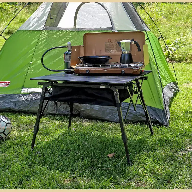 Table de camping pliante Arrowhead Outdoor, en aluminium, réglable en hauteur, avec filet de rangement sous la table et sac de transport, noire