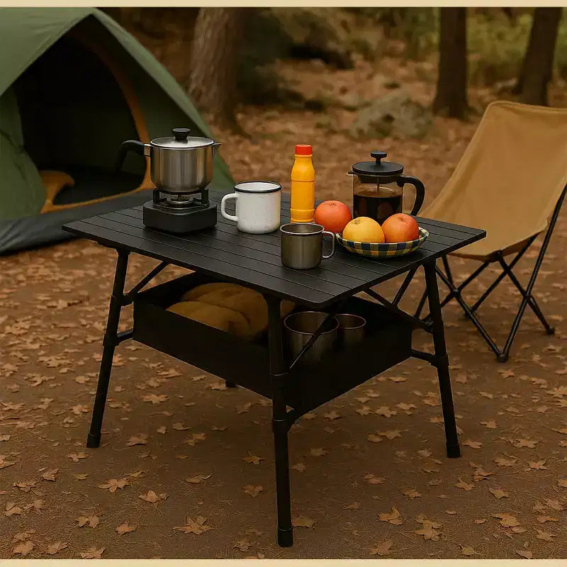 Table de camping pliante Arrowhead Outdoor, en aluminium, réglable en hauteur, avec filet de rangement sous la table et sac de transport, noire