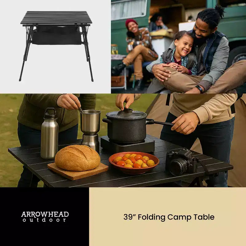 Table de camping pliante Arrowhead Outdoor, en aluminium, réglable en hauteur, avec filet de rangement sous la table et sac de transport, noire
