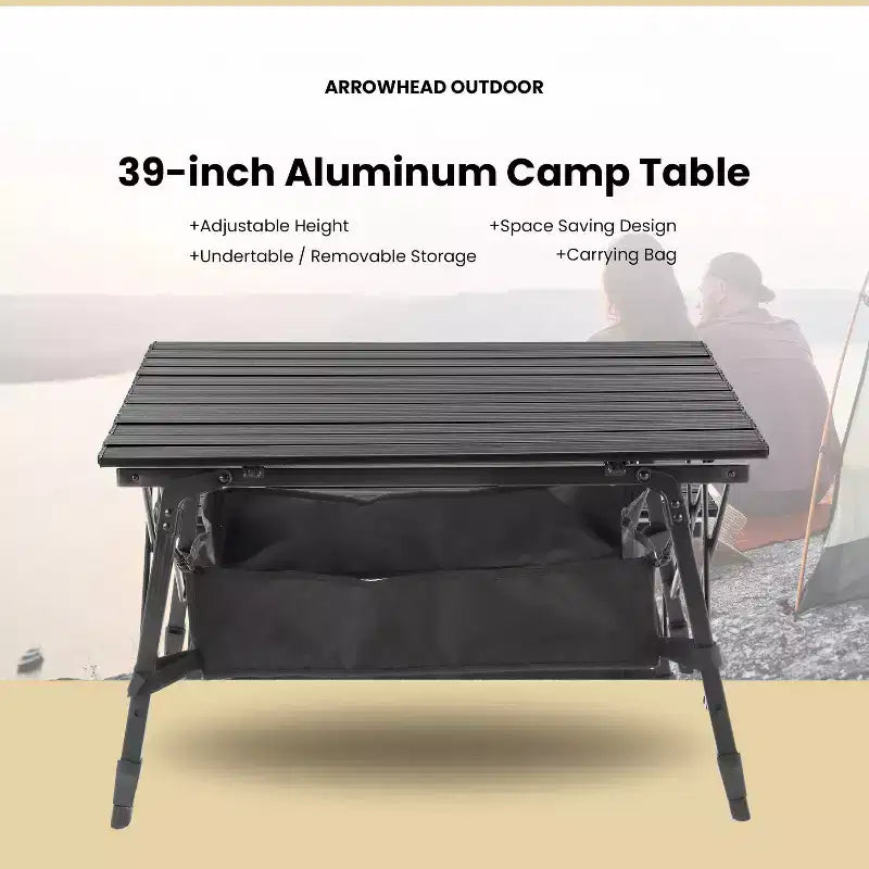 Table de camping pliante Arrowhead Outdoor, en aluminium, réglable en hauteur, avec filet de rangement sous la table et sac de transport, noire
