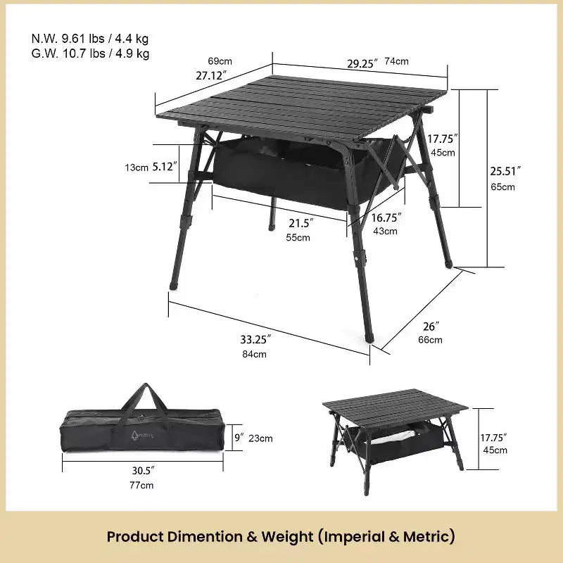 Table de camping pliante Arrowhead Outdoor, en aluminium, réglable en hauteur, avec filet de rangement sous la table et sac de transport, noire