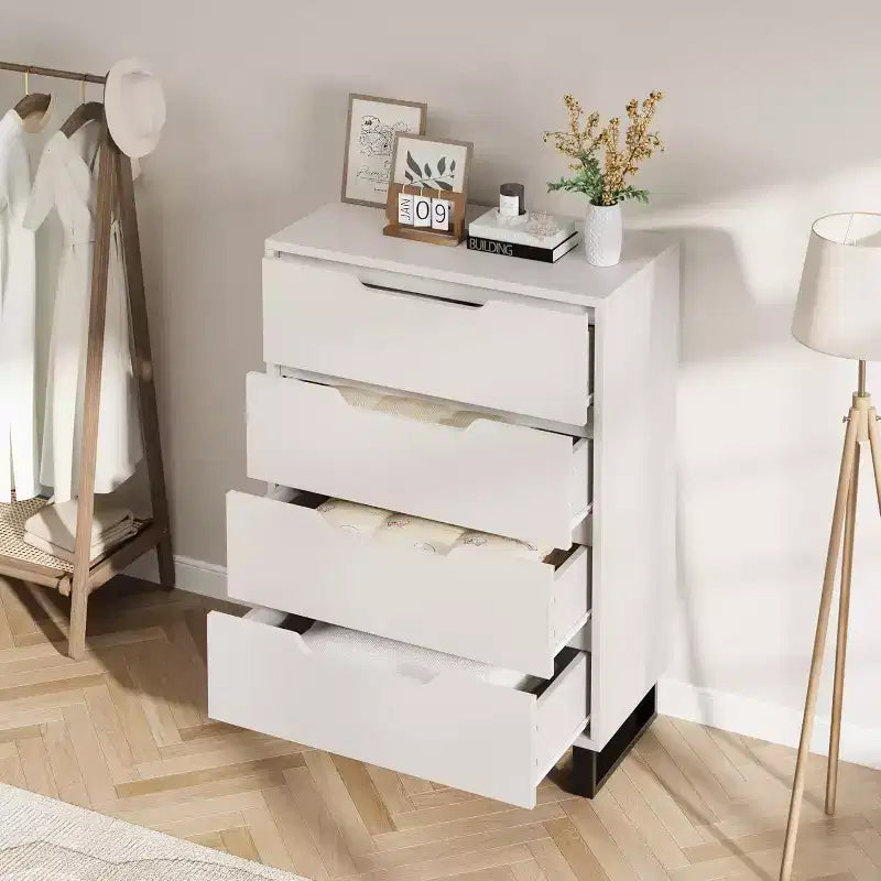 Commode verticale à 4 tiroirs, Meuble de rangement autoportant de 105 cm de haut avec pieds détachables, Armoire en bois pour chambre, salon, couloir et entrée