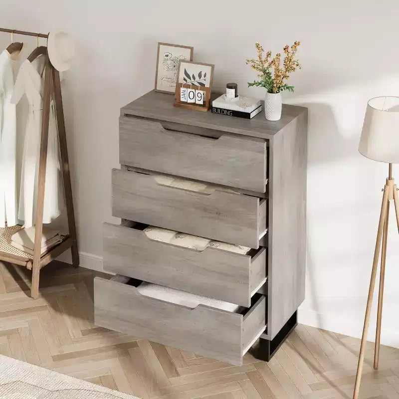 Commode verticale à 4 tiroirs, Meuble de rangement autoportant de 105 cm de haut avec pieds détachables, Armoire en bois pour chambre, salon, couloir et entrée
