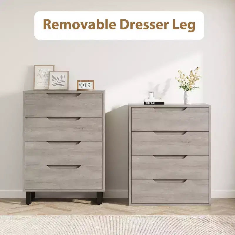 Commode verticale à 4 tiroirs, Meuble de rangement autoportant de 105 cm de haut avec pieds détachables, Armoire en bois pour chambre, salon, couloir et entrée