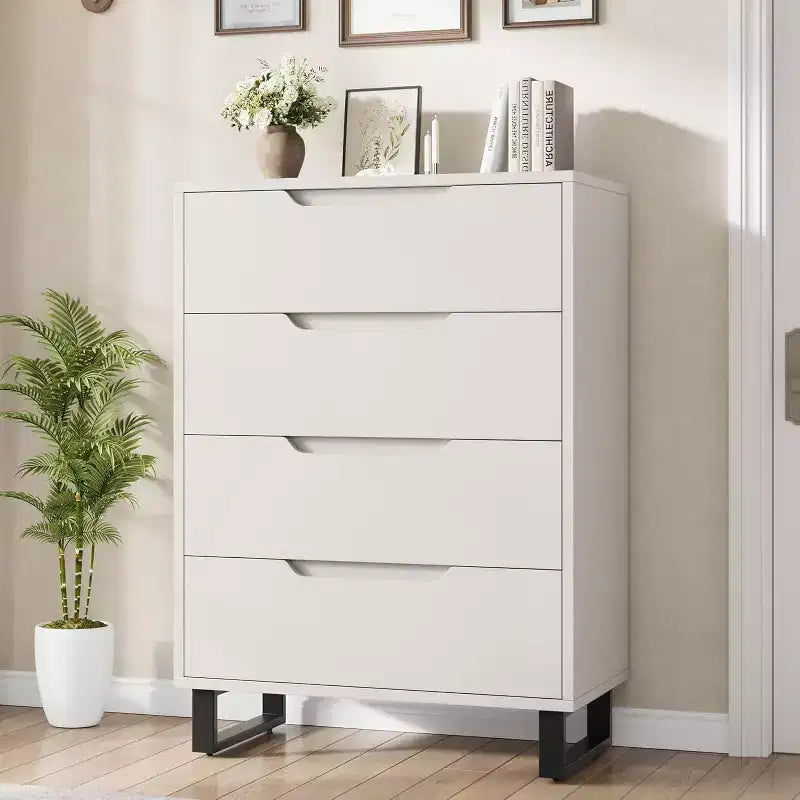 Commode verticale à 4 tiroirs, Meuble de rangement autoportant de 105 cm de haut avec pieds détachables, Armoire en bois pour chambre, salon, couloir et entrée