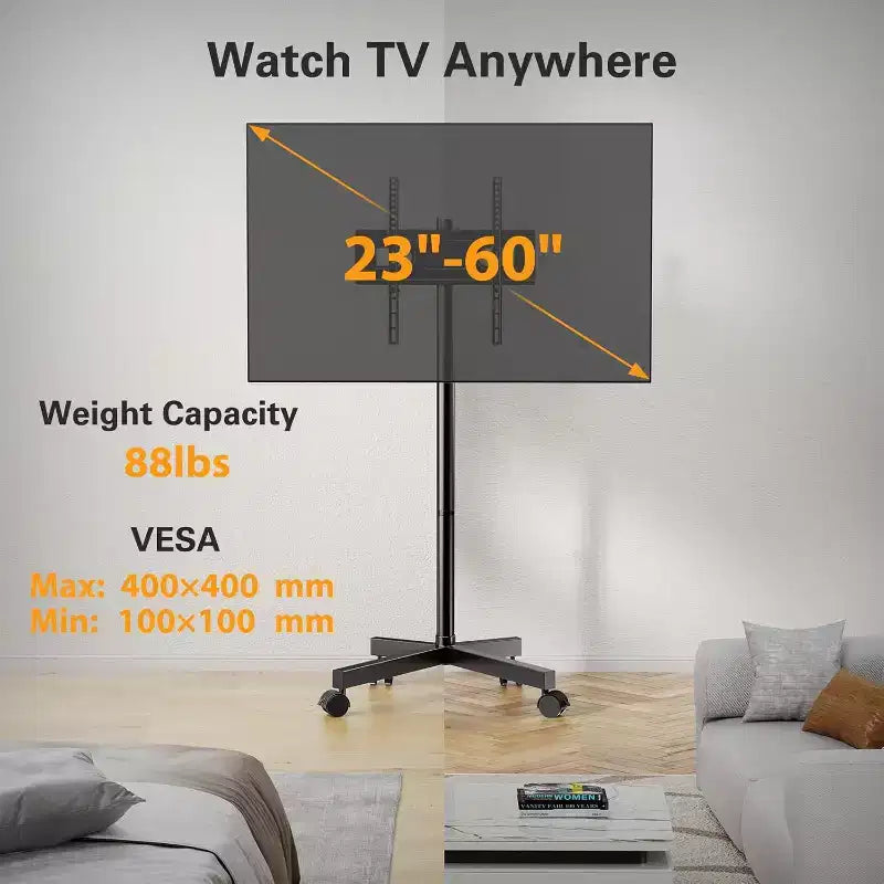 Support TV à roulettes Perlegear pour téléviseurs de 23 à 60 pouces, supporte jusqu'à 40 kg, réglable en hauteur, chariot inclinable avec roues verrouillables, VESA max 400x400mm