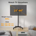 Support TV à roulettes Perlegear pour téléviseurs de 23 à 60 pouces, supporte jusqu'à 40 kg, réglable en hauteur, chariot inclinable avec roues verrouillables, VESA max 400x400mm