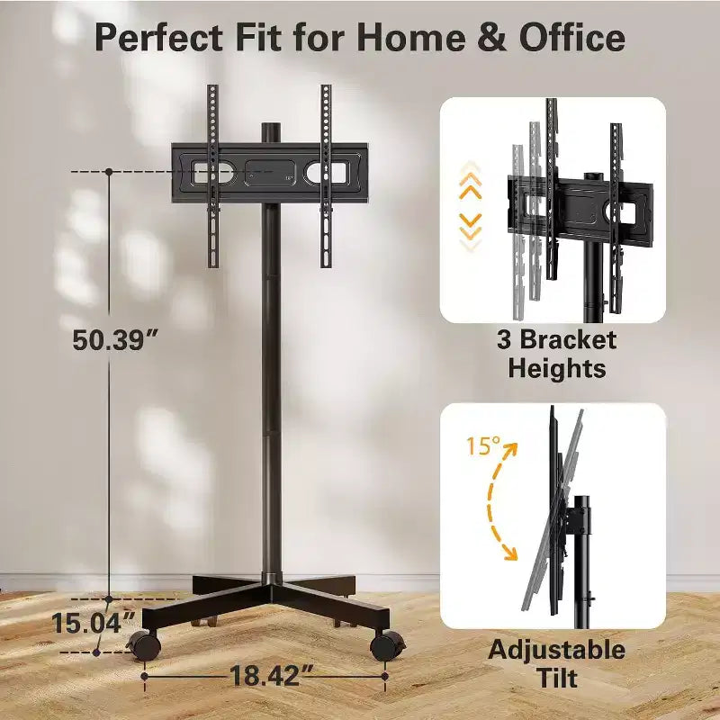 Support TV à roulettes Perlegear pour téléviseurs de 23 à 60 pouces, supporte jusqu'à 40 kg, réglable en hauteur, chariot inclinable avec roues verrouillables, VESA max 400x400mm
