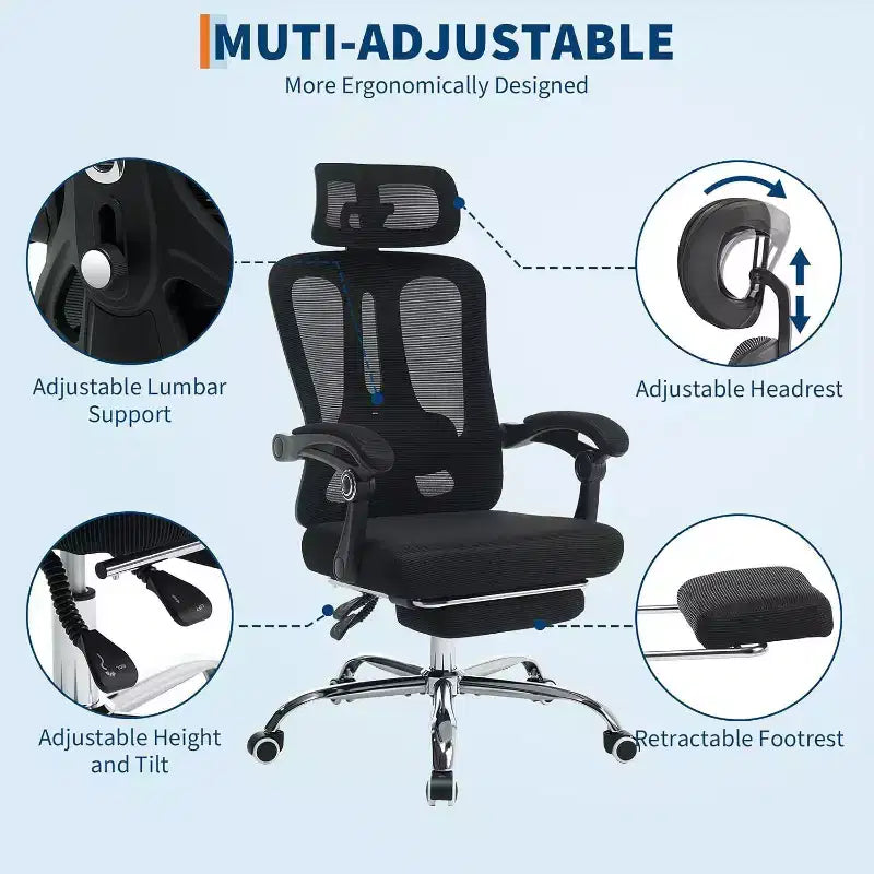 Chaise de bureau Acekool en maille avec repose-pieds, chaise de bureau ergonomique avec support lombaire, chaise d'ordinateur de direction réglable avec roulettes (plusieurs couleurs)