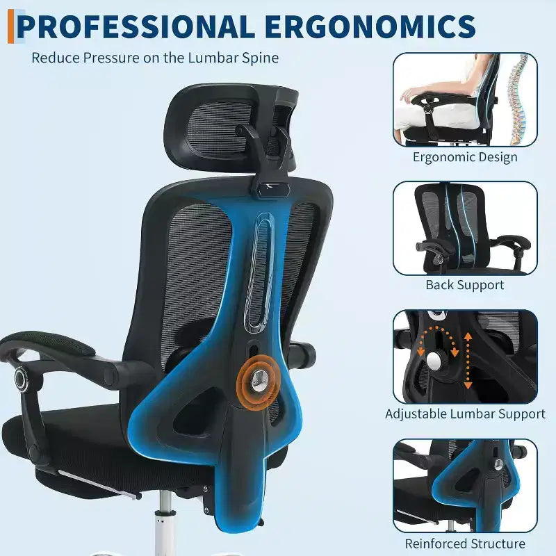 Chaise de bureau Acekool en maille avec repose-pieds, chaise de bureau ergonomique avec support lombaire, chaise d'ordinateur de direction réglable avec roulettes (plusieurs couleurs)
