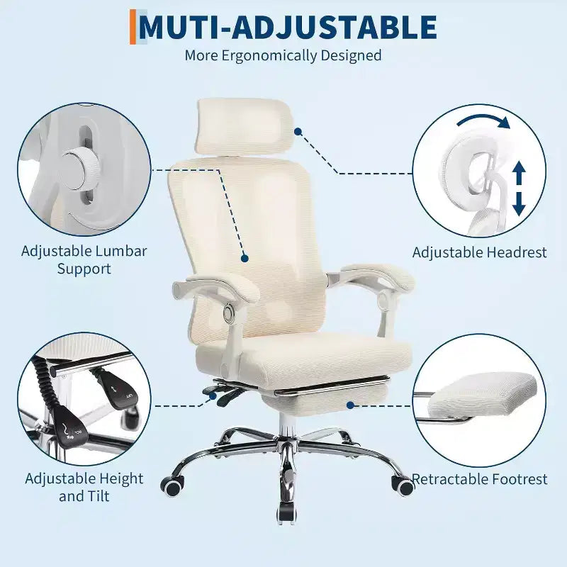 Chaise de bureau Acekool en maille avec repose-pieds, chaise de bureau ergonomique avec support lombaire, chaise d'ordinateur de direction réglable avec roulettes (plusieurs couleurs)