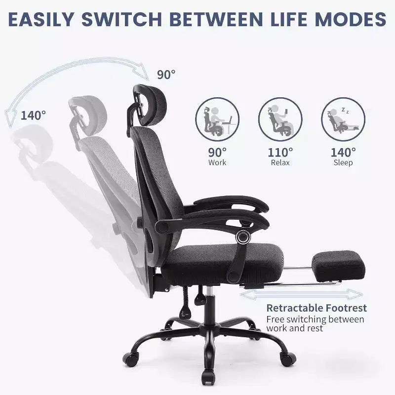 Chaise de bureau Acekool en maille avec repose-pieds, chaise de bureau ergonomique avec support lombaire, chaise d'ordinateur de direction réglable avec roulettes (plusieurs couleurs)