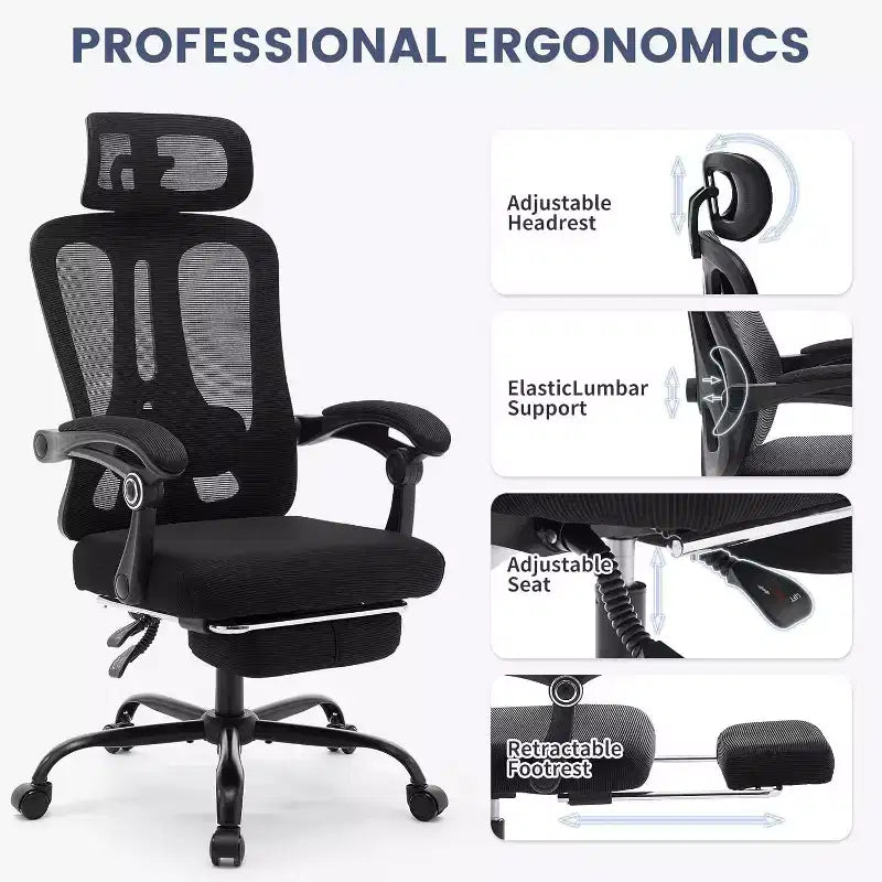 Chaise de bureau Acekool en maille avec repose-pieds, chaise de bureau ergonomique avec support lombaire, chaise d'ordinateur de direction réglable avec roulettes (plusieurs couleurs)