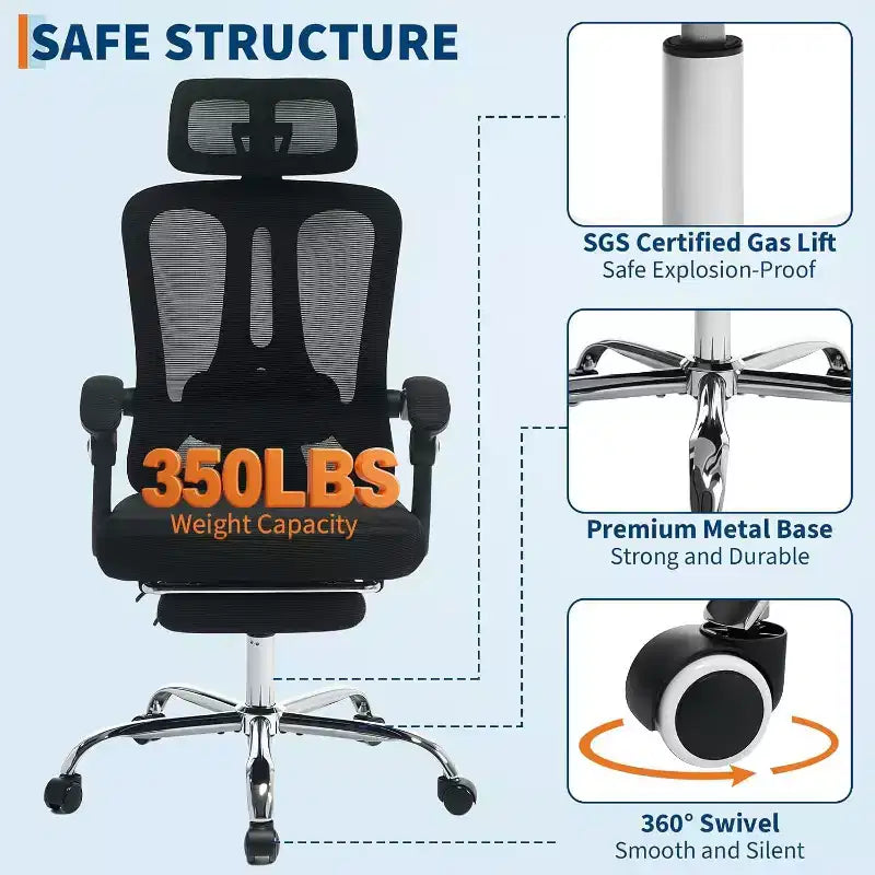 Chaise de bureau Acekool en maille avec repose-pieds, chaise de bureau ergonomique avec support lombaire, chaise d'ordinateur de direction réglable avec roulettes (plusieurs couleurs)