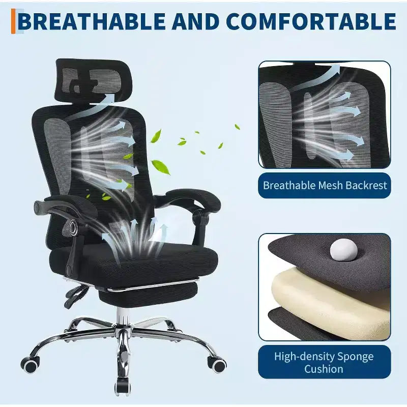 Chaise de bureau Acekool en maille avec repose-pieds, chaise de bureau ergonomique avec support lombaire, chaise d'ordinateur de direction réglable avec roulettes (plusieurs couleurs)