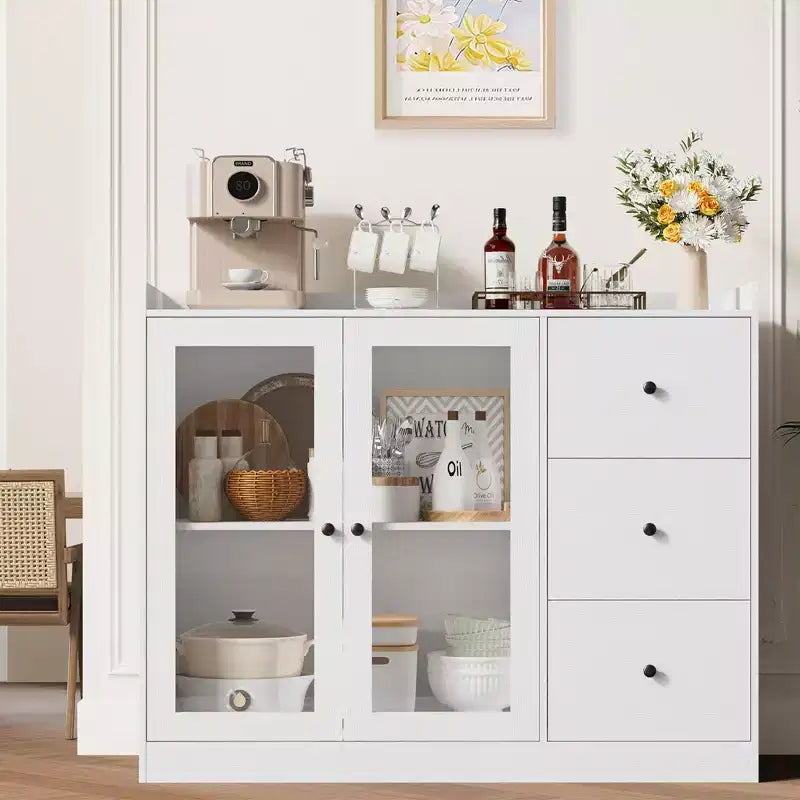 GustoWave Buffet Cabinet with Storage, 43 Modern Sideboard Kitchen Cabinet with Guardrail Design & Adjustable Shelves & 3 Drawers, Wood Buffet Table