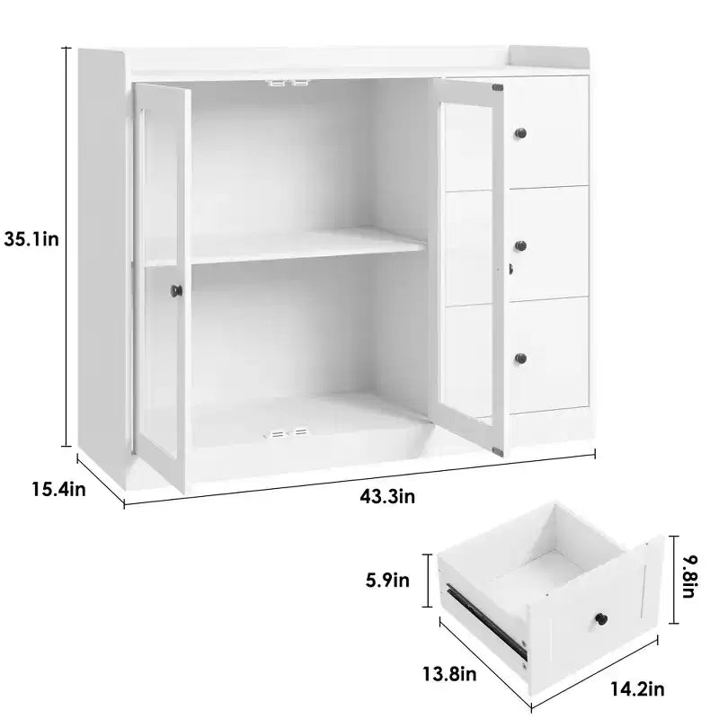 Buffet GustoWave avec rangement, buffet de cuisine moderne de 109 cm avec conception de garde-corps et étagères réglables et 3 tiroirs, table de buffet en bois