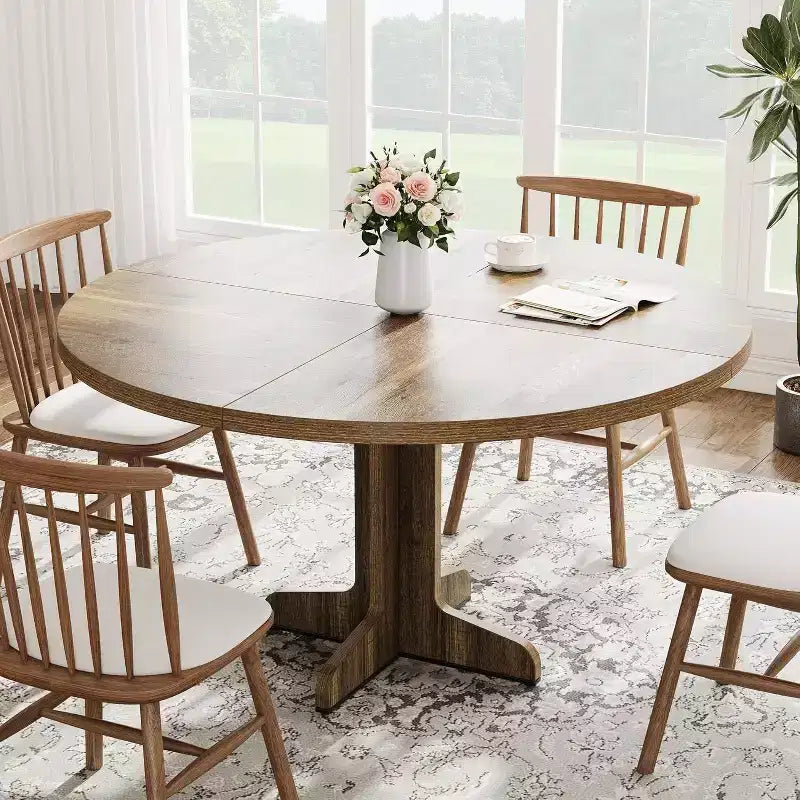 Acekool 47 Round Dining Table for 4-6 - Wooden Family Kitchen Table with Adjustable Feet