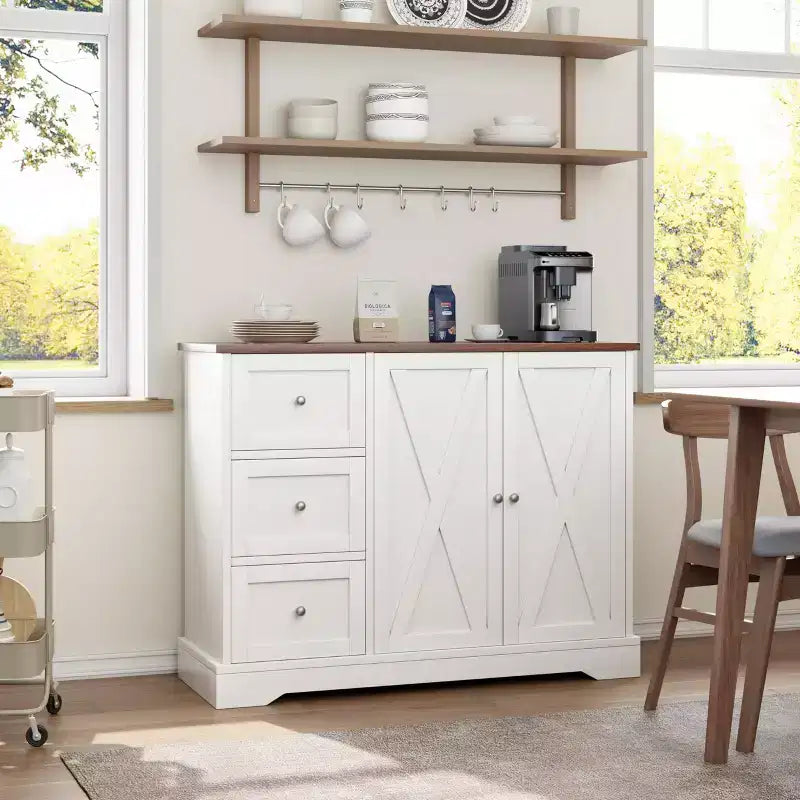 GustoWave 42 Meuble buffet de ferme avec rangement, meuble de bar à café avec 3 tiroirs, buffet pour cuisine, salle à manger, salon, blanc