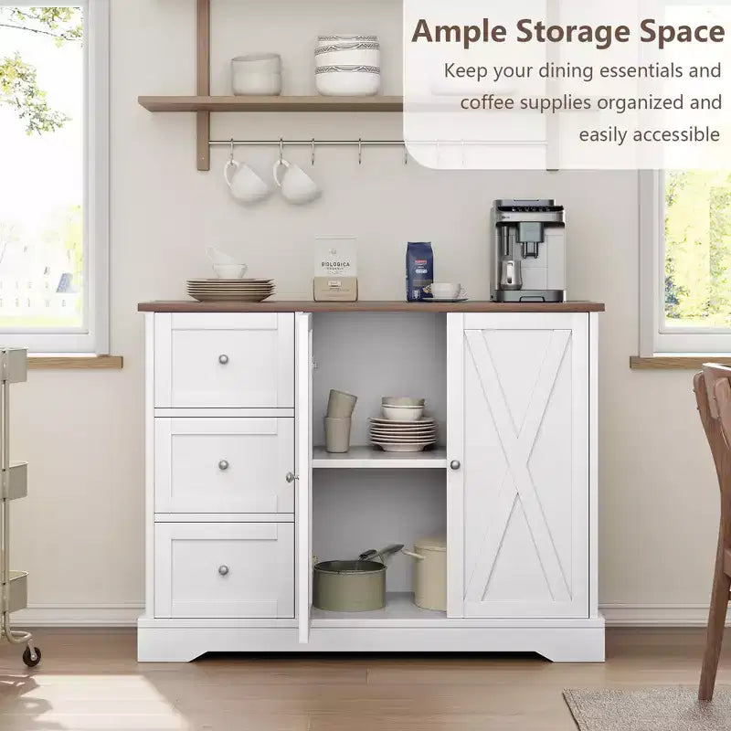 GustoWave 42 Meuble buffet de ferme avec rangement, meuble de bar à café avec 3 tiroirs, buffet pour cuisine, salle à manger, salon, blanc
