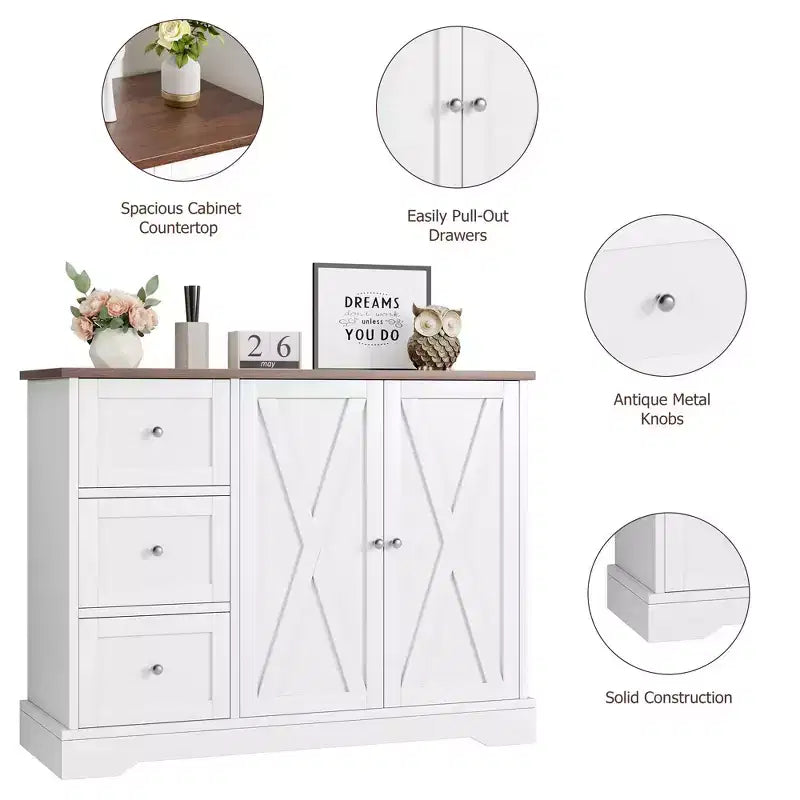 GustoWave 42 Meuble buffet de ferme avec rangement, meuble de bar à café avec 3 tiroirs, buffet pour cuisine, salle à manger, salon, blanc