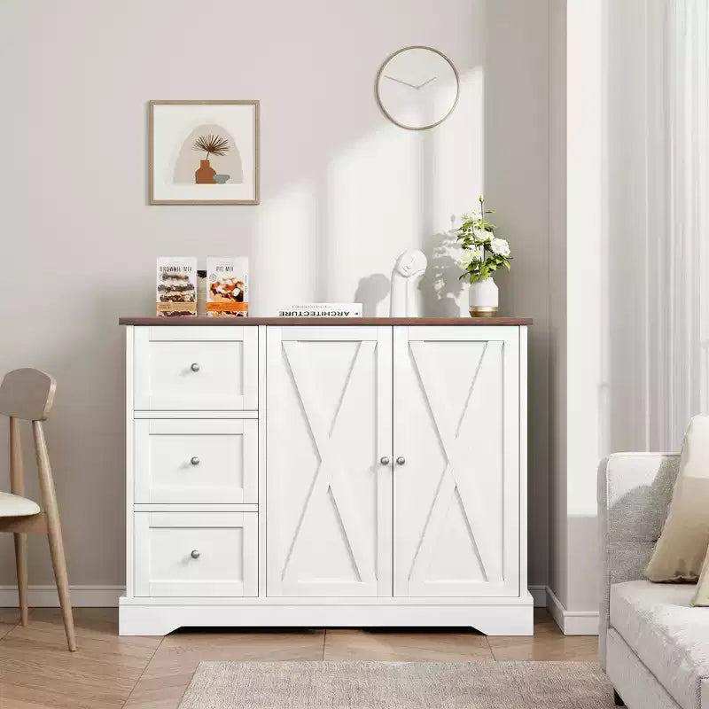 GustoWave 42 Meuble buffet de ferme avec rangement, meuble de bar à café avec 3 tiroirs, buffet pour cuisine, salle à manger, salon, blanc