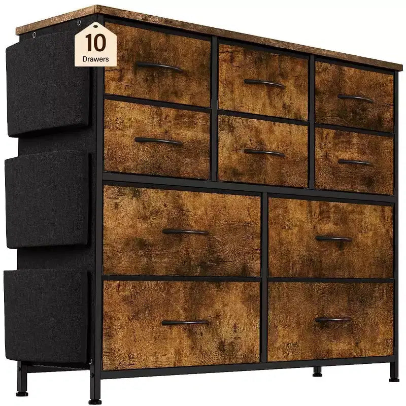Commode GustoWave pour chambre à coucher, meuble de rangement en tissu à 10 tiroirs, commodes et chiffonniers avec poches latérales, crochets et plateau en bois