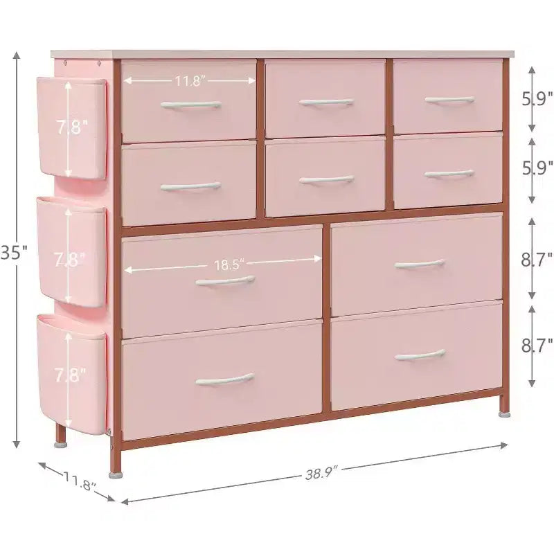 Commode GustoWave pour chambre à coucher, meuble de rangement en tissu à 10 tiroirs, commodes et chiffonniers avec poches latérales, crochets et plateau en bois