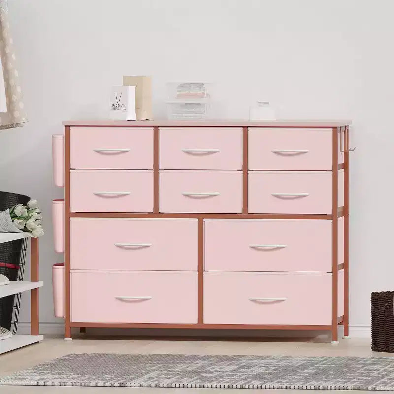 Commode GustoWave pour chambre à coucher, meuble de rangement en tissu à 10 tiroirs, commodes et chiffonniers avec poches latérales, crochets et plateau en bois