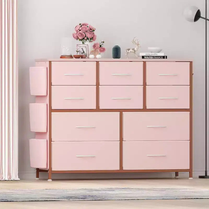 Commode GustoWave pour chambre à coucher, meuble de rangement en tissu à 10 tiroirs, commodes et chiffonniers avec poches latérales, crochets et plateau en bois