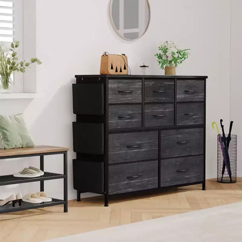 Commode GustoWave pour chambre à coucher, meuble de rangement en tissu à 10 tiroirs, commodes et chiffonniers avec poches latérales, crochets et plateau en bois