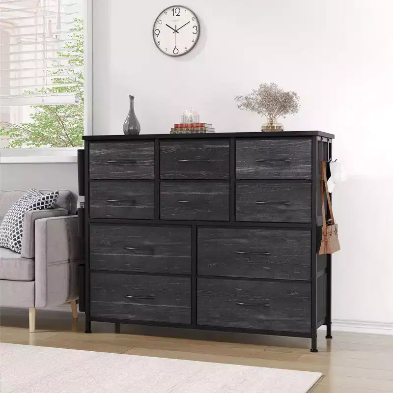 Commode GustoWave pour chambre à coucher, meuble de rangement en tissu à 10 tiroirs, commodes et chiffonniers avec poches latérales, crochets et plateau en bois