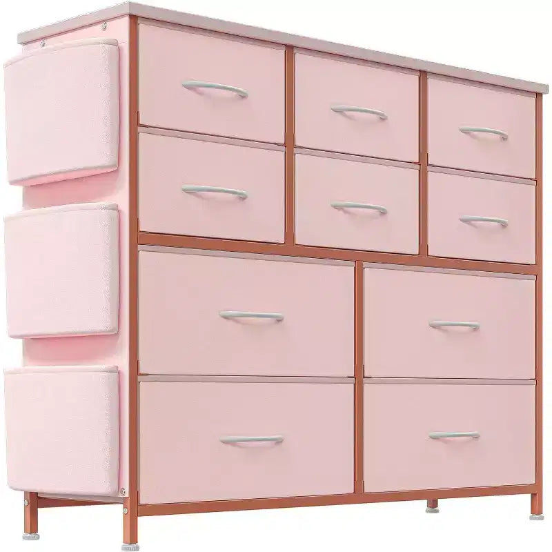 Commode GustoWave pour chambre à coucher, meuble de rangement en tissu à 10 tiroirs, commodes et chiffonniers avec poches latérales, crochets et plateau en bois