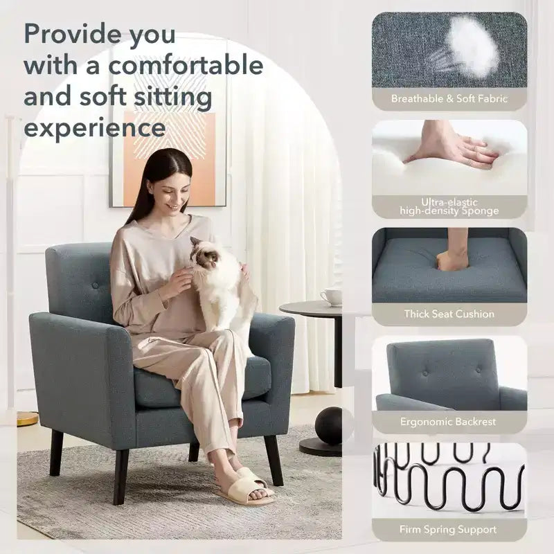 Fauteuil d'appoint en tissu GustoWave mi-siècle avec pieds en bois massif, fauteuil de salon rétro moderne avec assise plus épaisse pour le salon